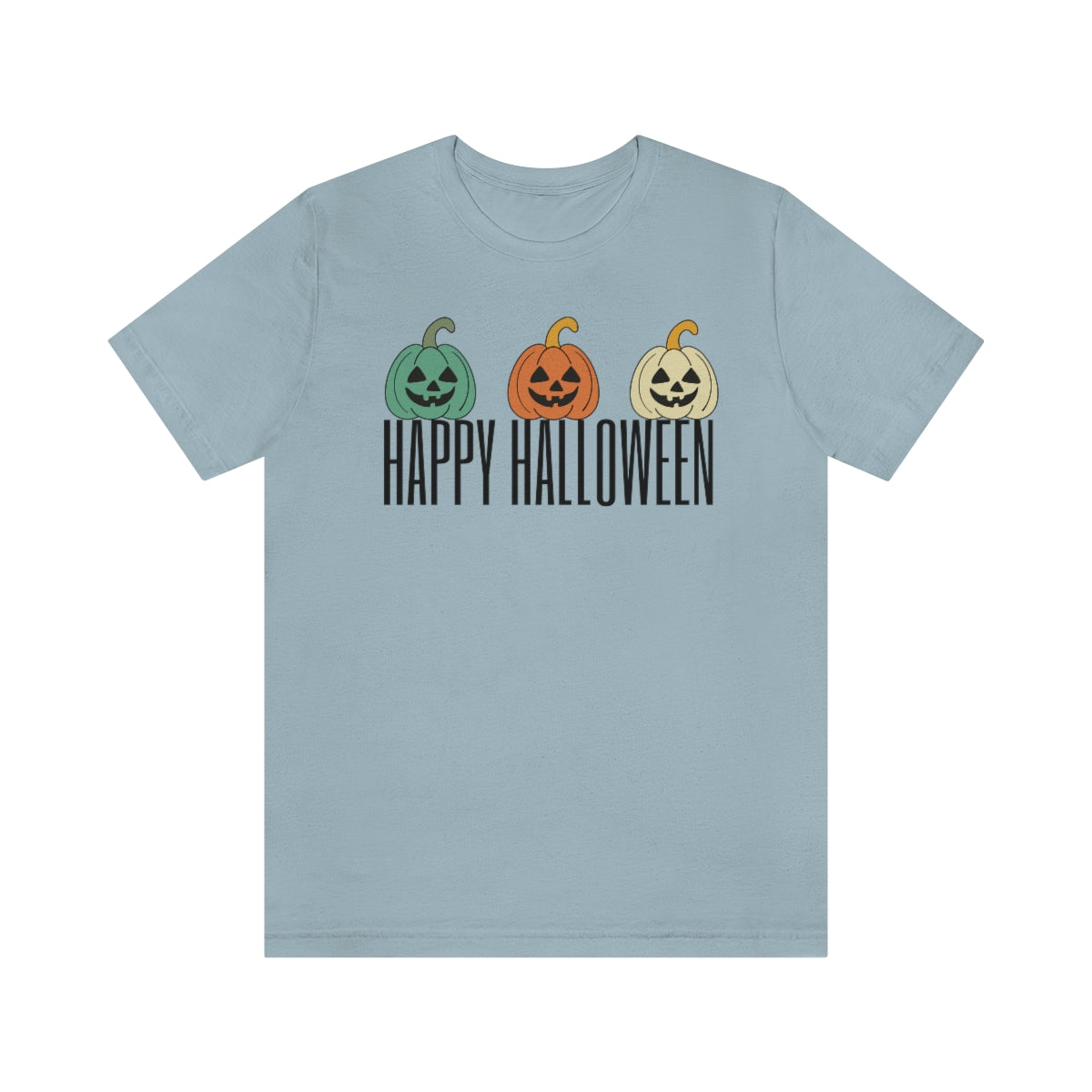 Three Pumpkins Retro Cute Happy Halloween TShirt Design on Unisex Jersey Short Sleeve Tee