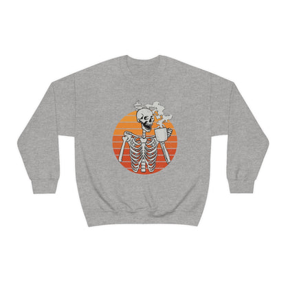 Skeleton Drinking Coffee Sweatshirt, Skeleton Sweater, Coffee Lover Sweatshirt, Halloween Crewneck Sweatshirt, Halloween Sweater, Spooky Season, Fall Shirts on Unisex Heavy Blend™ Crewneck Sweatshirt