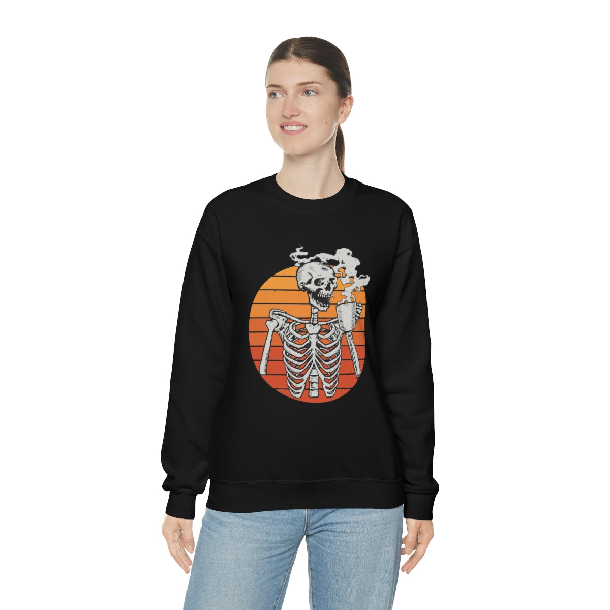 Skeleton Drinking Coffee Sweatshirt, Skeleton Sweater, Coffee Lover Sweatshirt, Halloween Crewneck Sweatshirt, Halloween Sweater, Spooky Season, Fall Shirts on Unisex Heavy Blend™ Crewneck Sweatshirt