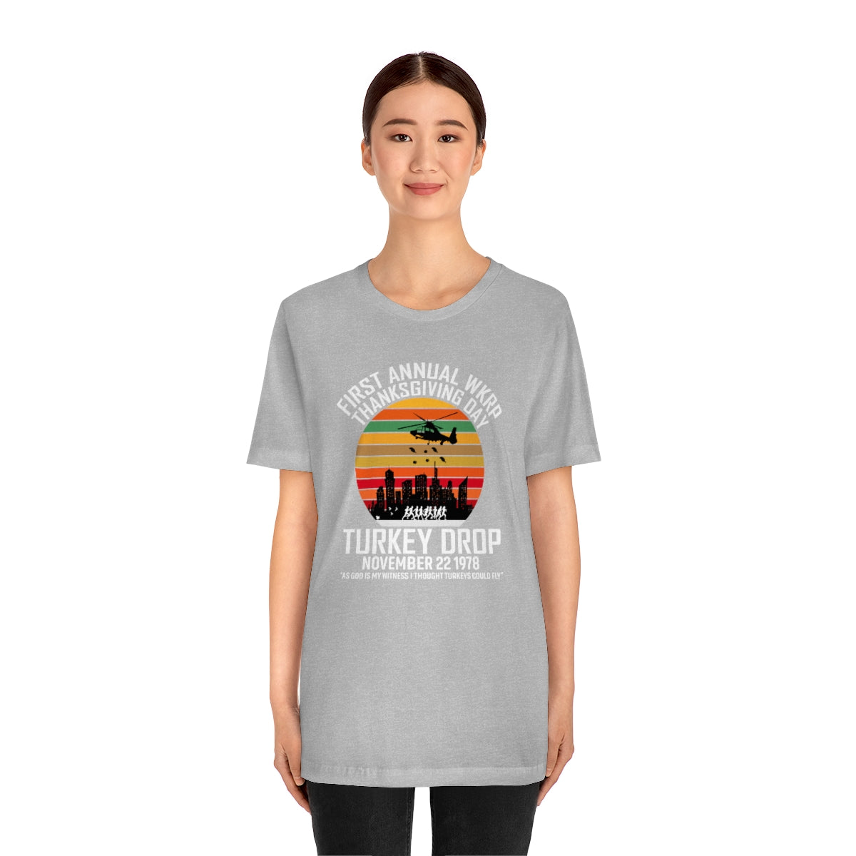 WKRP Turkey Drop Thanksgiving Teeshirt on Unisex Jersey Short Sleeve Tee