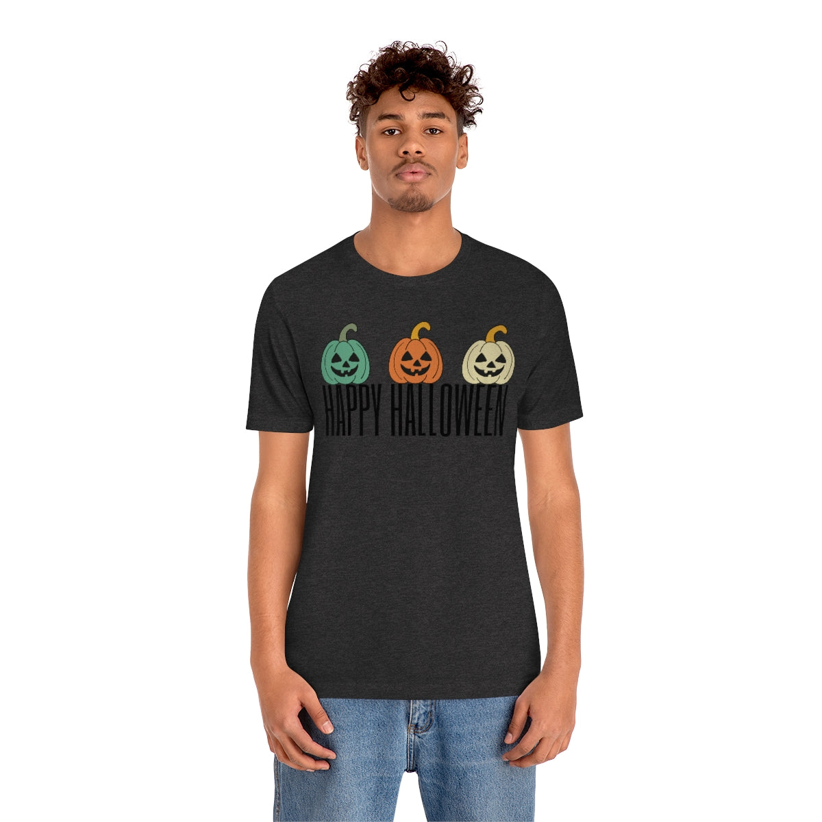 Three Pumpkins Retro Cute Happy Halloween TShirt Design on Unisex Jersey Short Sleeve Tee