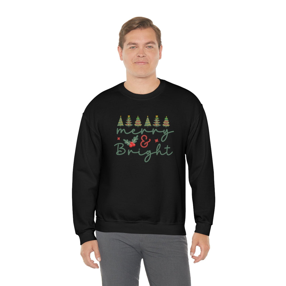 Cute Merry & Bright Christmas Trees Lights Xmas Holiday Sweatshirt