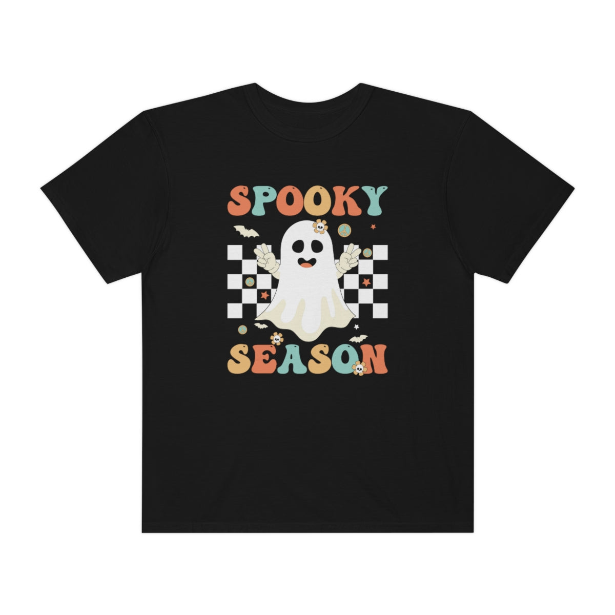 Spooky Season Halloween with Checkerboard Cute Retro Design, Halloween Tshirt, Funny Tshirt Design on Unisex Garment-Dyed T-shirt