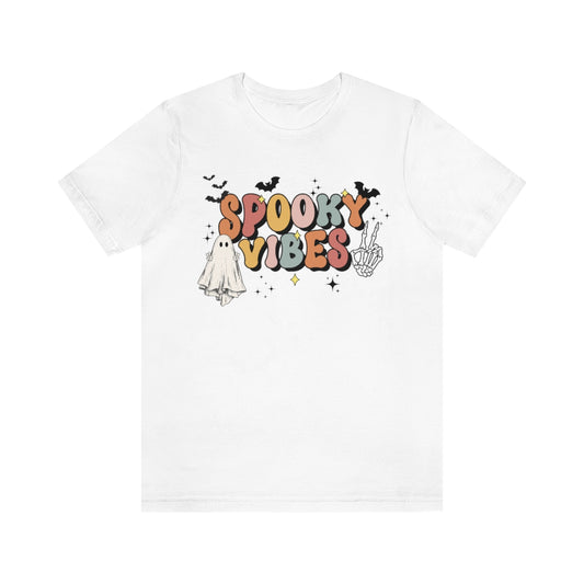 Spooky Vibes Retro Letters with Ghost TShirt, Funny Shirt, Halloween Lover Gift on Unisex Jersey Short Sleeve Tee