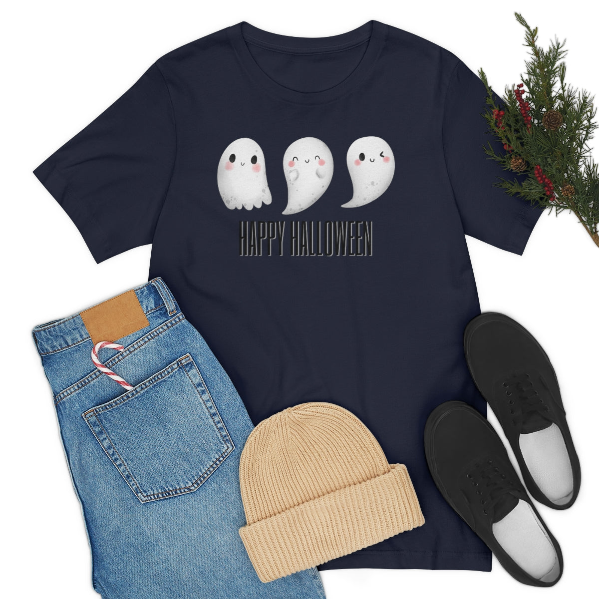 Three Ghosts Cute Happy Halloween Tshirt, Funny TShirt Design on Unisex Jersey Short Sleeve Tee