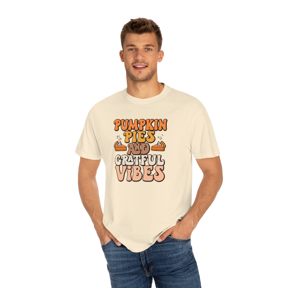 Pumpkin Pies & Grateful Vibes Thanksgiving TeeShirt Design | Thanksgiving T-Shirt | Retro Thanksgiving Shirt Design | Thanksgiving TShirt | Thanksgiving Lover Shirt | Funny Thanksgiving Tee Shirt Design on Unisex Garment-Dyed T-shirt