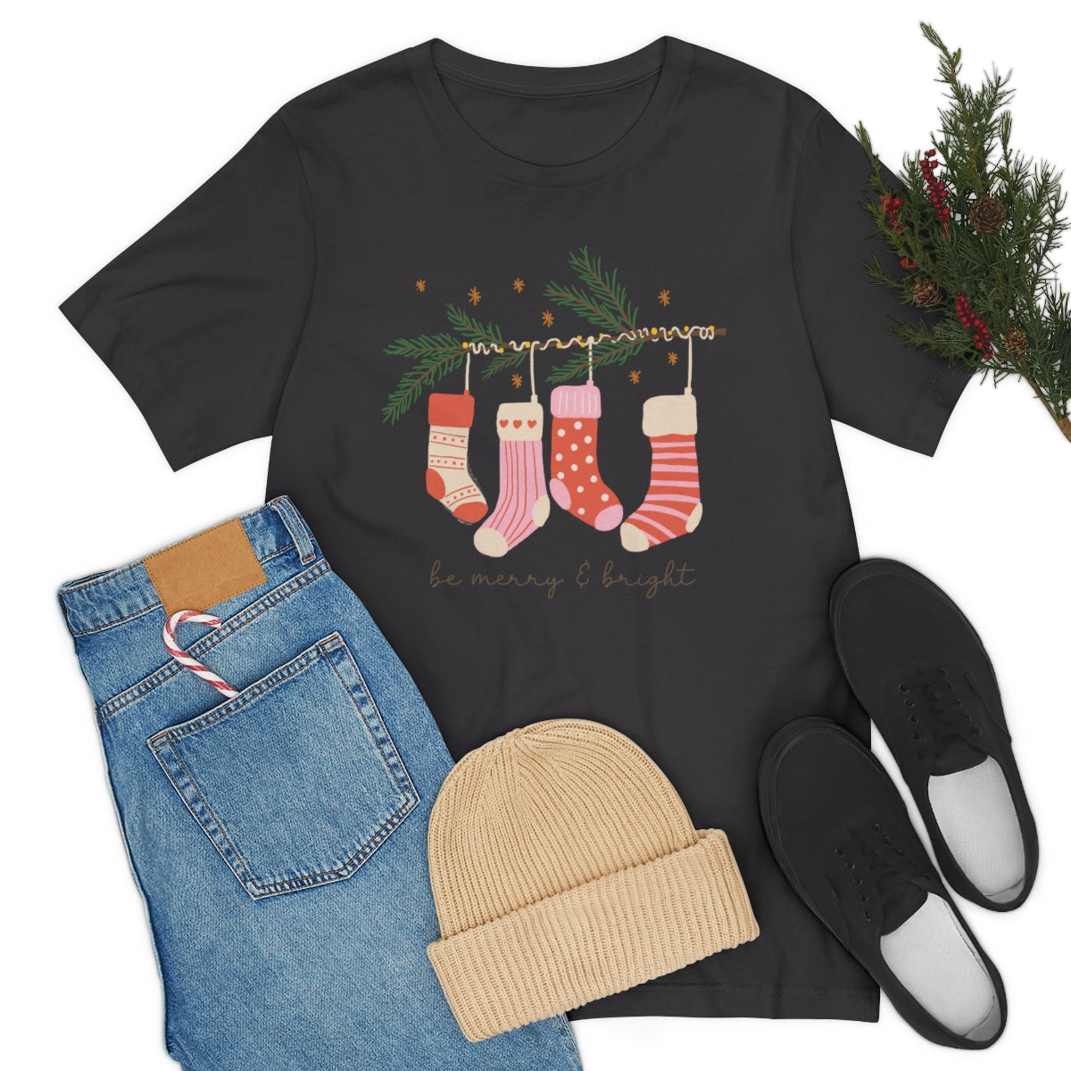 Be Merry & Bright Stockings Christmas Tshirt