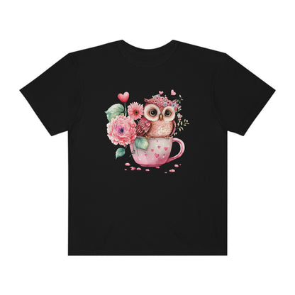 Cute Valentines Day Owl in Coffee Cup with Flowers Tshirt