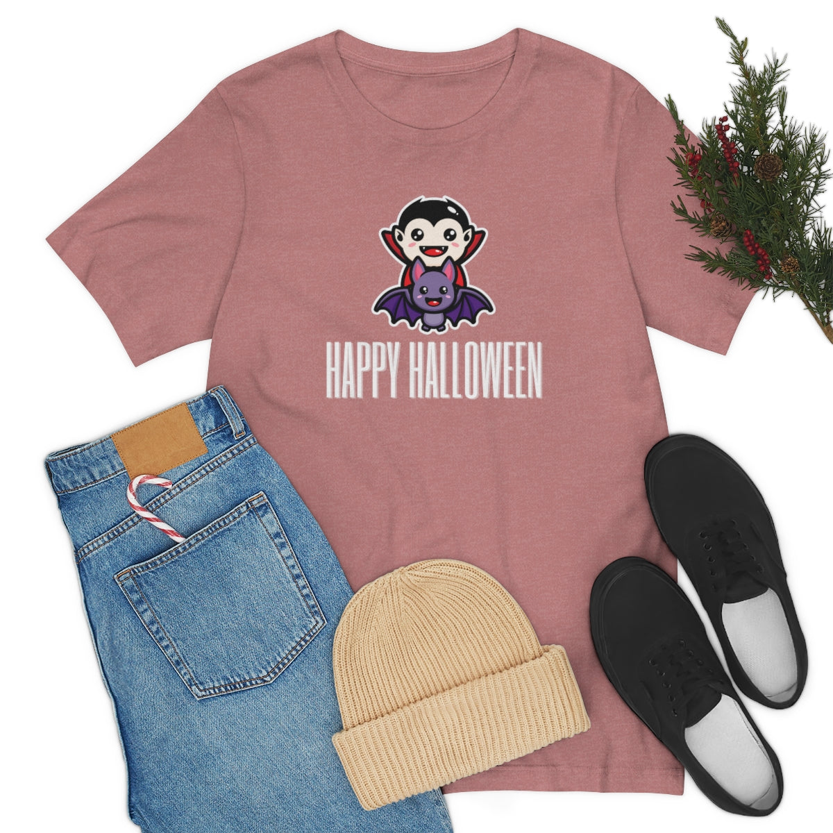 Dracula Bat Vampire Cute Happy Halloween Tshirt, Funny TShirt Design on Unisex Jersey Short Sleeve Tee