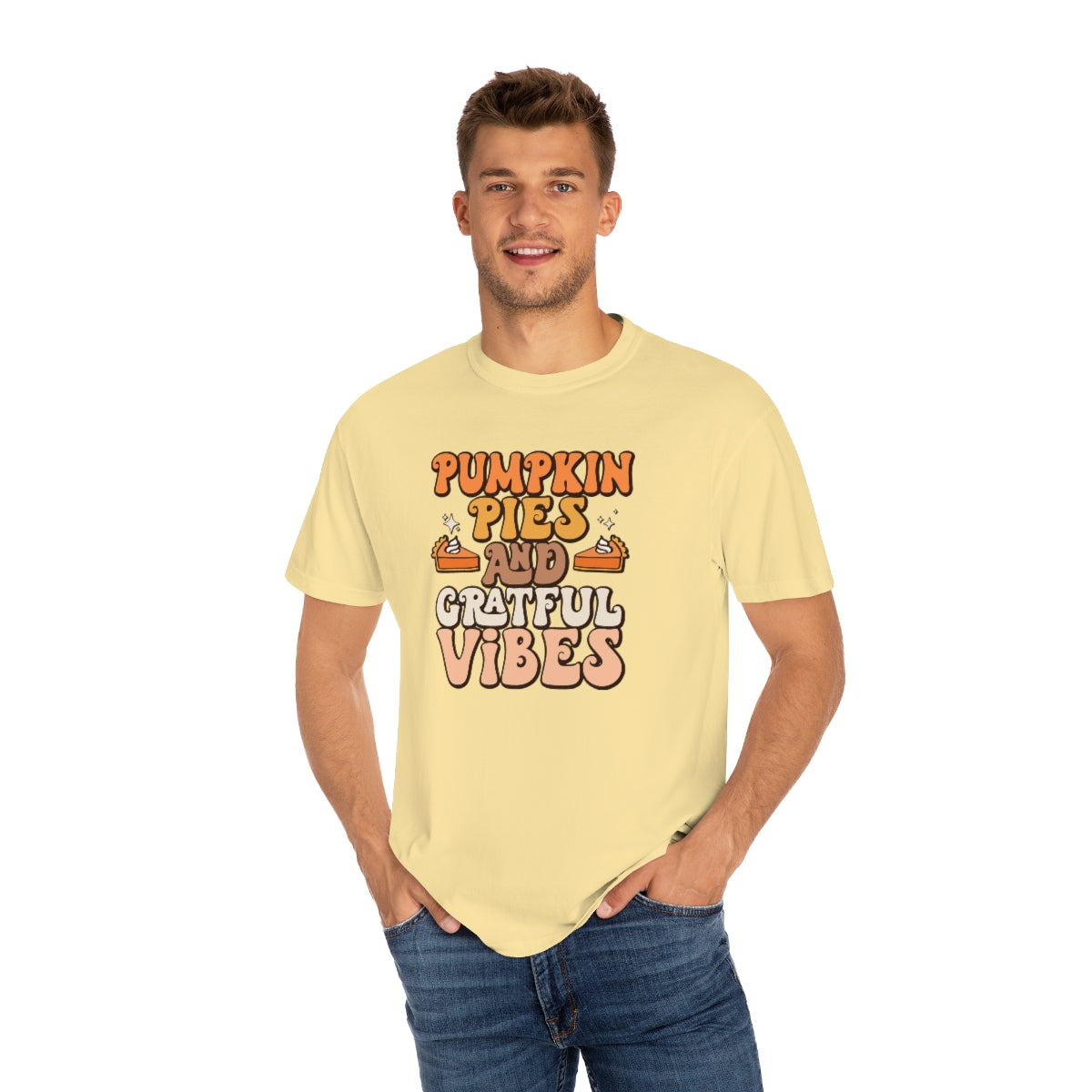 Pumpkin Pies & Grateful Vibes Thanksgiving TeeShirt Design | Thanksgiving T-Shirt | Retro Thanksgiving Shirt Design | Thanksgiving TShirt | Thanksgiving Lover Shirt | Funny Thanksgiving Tee Shirt Design on Unisex Garment-Dyed T-shirt