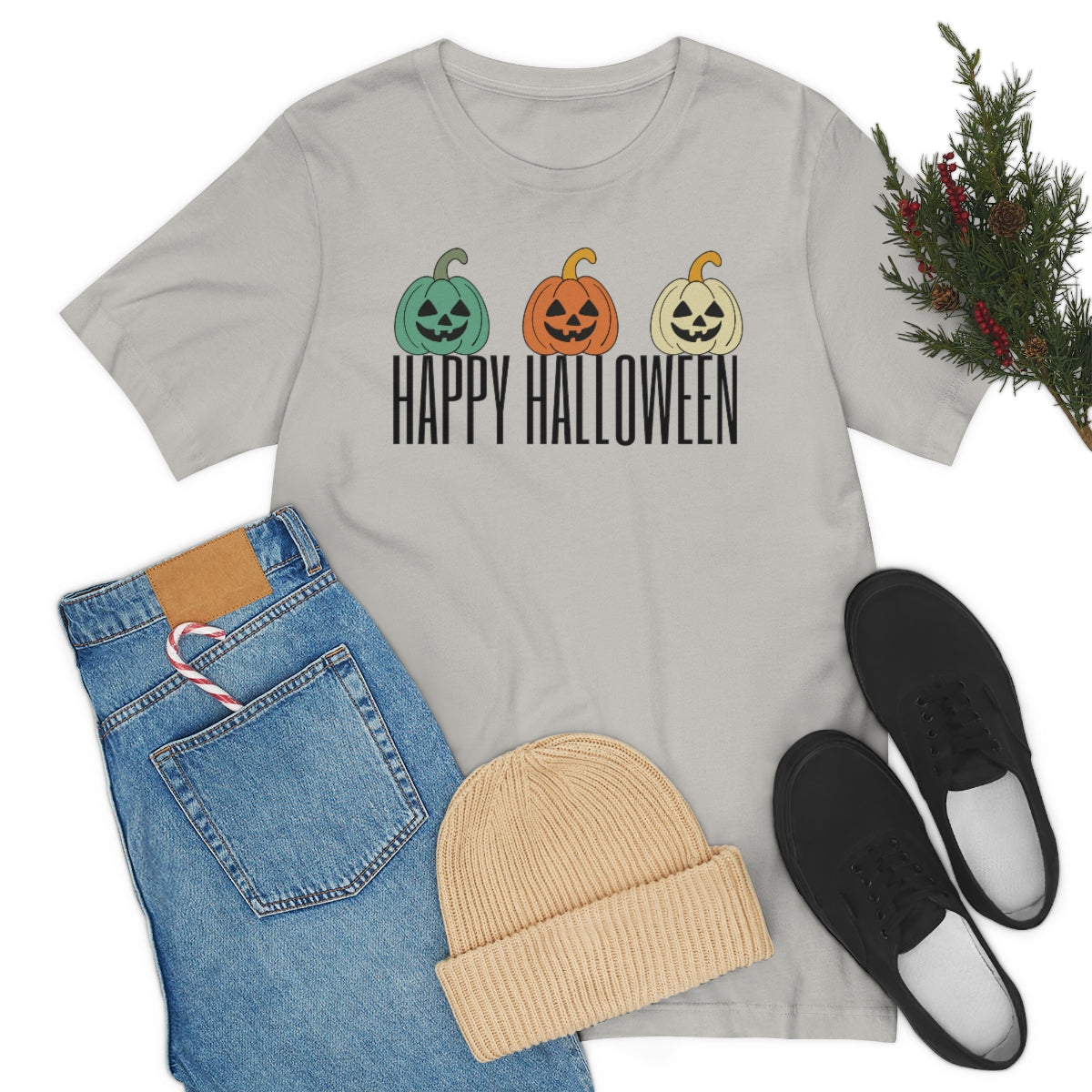 Three Pumpkins Retro Cute Happy Halloween TShirt Design on Unisex Jersey Short Sleeve Tee