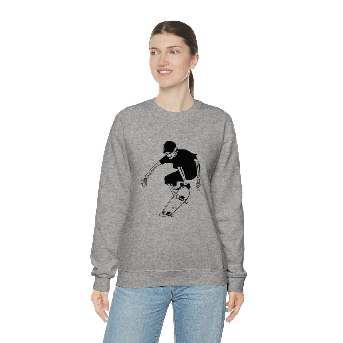 Skateboarding Skeleton Sweatshirt, Halloween Crewneck Sweatshirt, Halloween Sweater, Spooky Season, Fall Theme on Unisex Heavy Blend™ Crewneck Sweatshirt