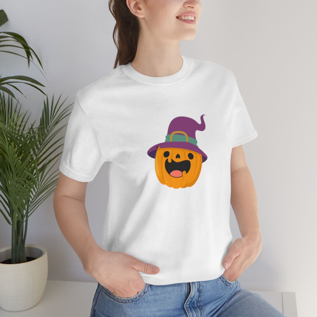 Pumpkin with Purple Hat Happy Halloween Tshirt, Funny Halloween T-Shirt Design on Unisex Jersey Short Sleeve Tee