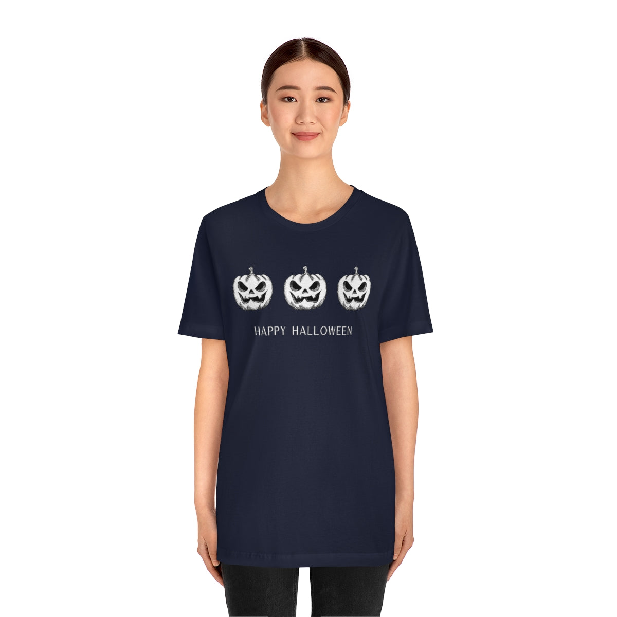 Three Pumpkin Happy Halloween, Pumpkin Tshirt, Funny TShirt Design on Unisex Jersey Short Sleeve Tee