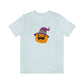 Pumpkin with Purple Hat Happy Halloween Tshirt, Funny Halloween T-Shirt Design on Unisex Jersey Short Sleeve Tee