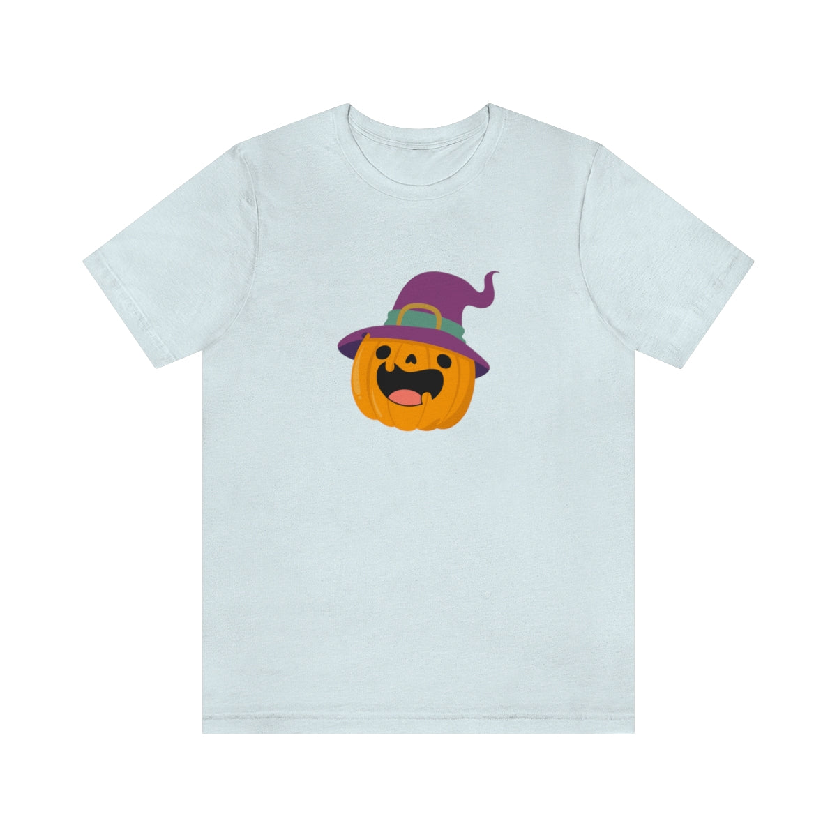 Pumpkin with Purple Hat Happy Halloween Tshirt, Funny Halloween T-Shirt Design on Unisex Jersey Short Sleeve Tee