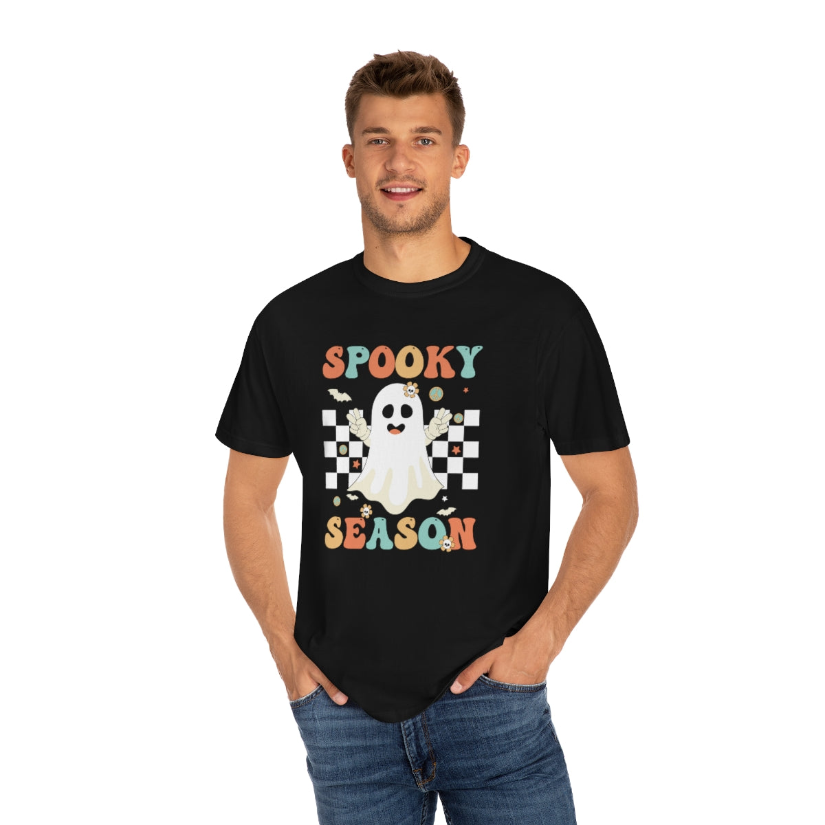 Spooky Season Halloween with Checkerboard Cute Retro Design, Halloween Tshirt, Funny Tshirt Design on Unisex Garment-Dyed T-shirt