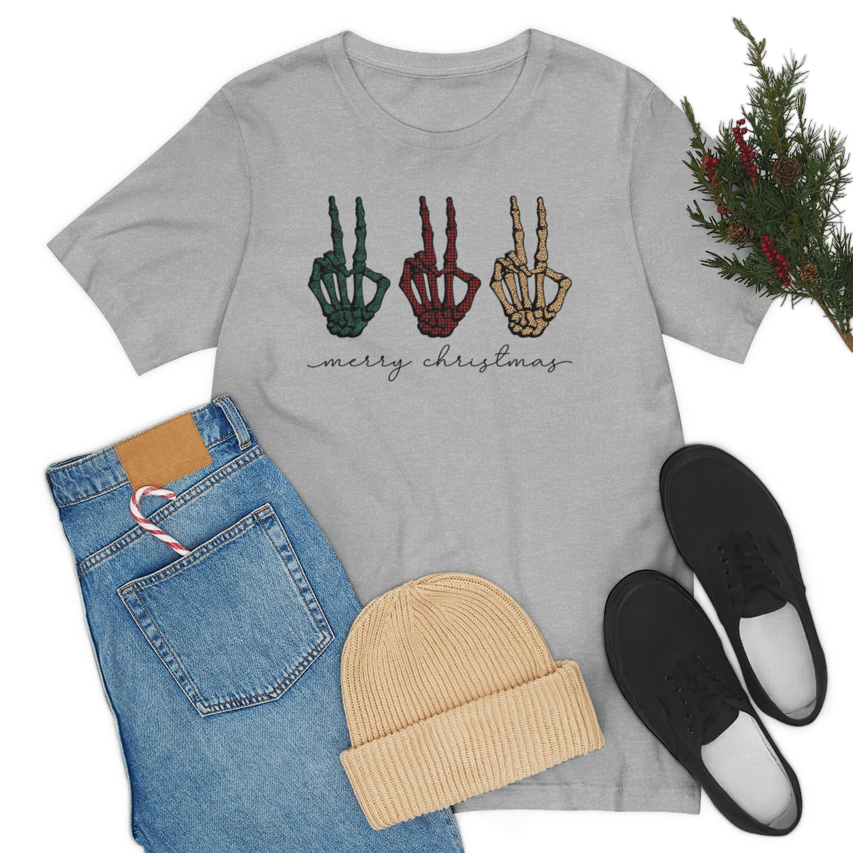 Three Peace Signs Skeleton Hands Spooky Merry Christmas Script Tshirt