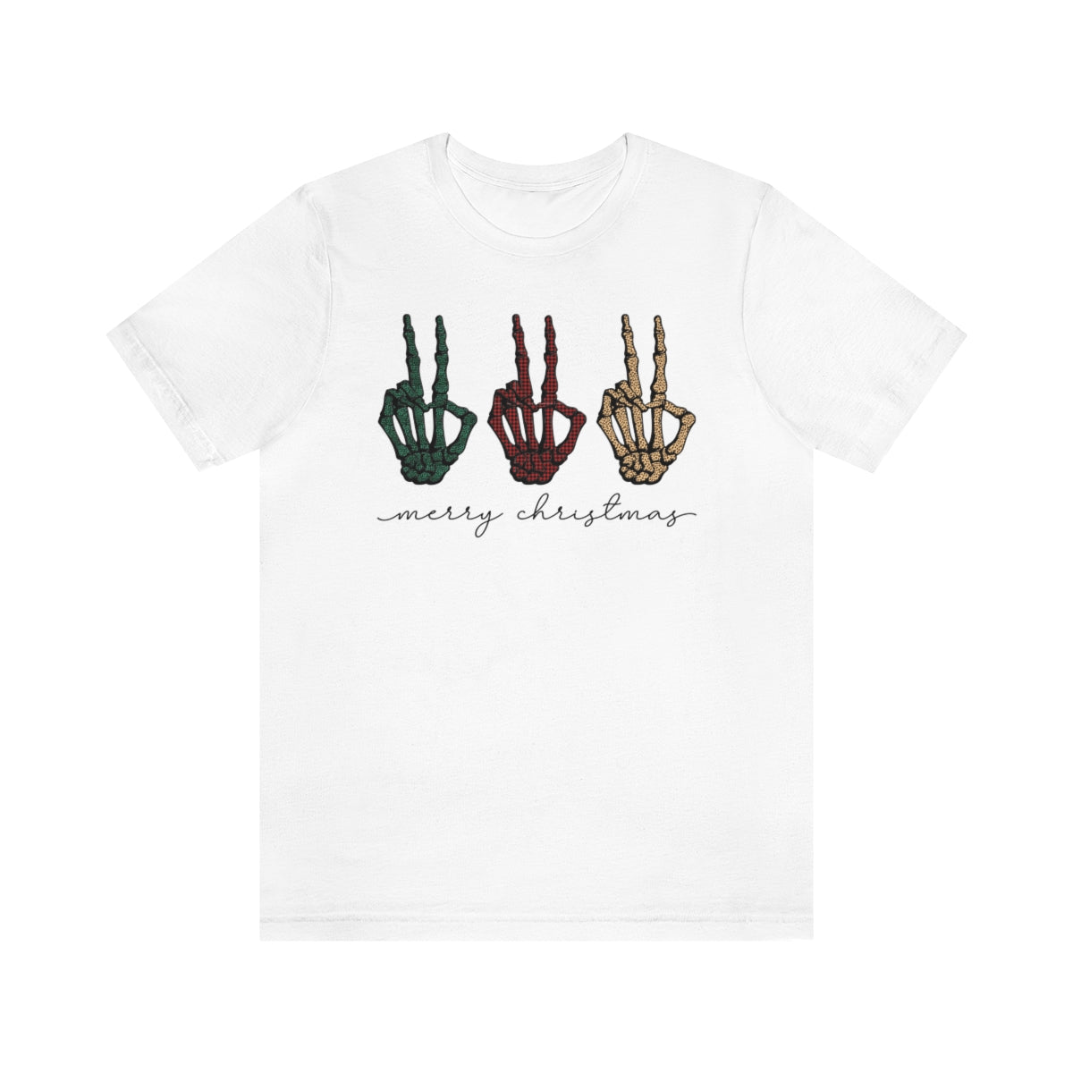 Three Peace Signs Skeleton Hands Spooky Merry Christmas Script Tshirt