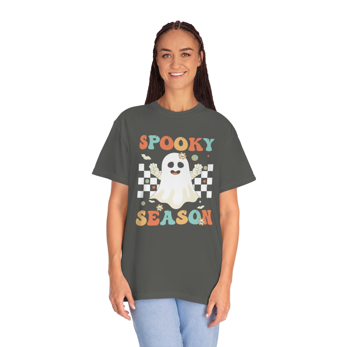 Spooky Season Halloween with Checkerboard Cute Retro Design, Halloween Tshirt, Funny Tshirt Design on Unisex Garment-Dyed T-shirt