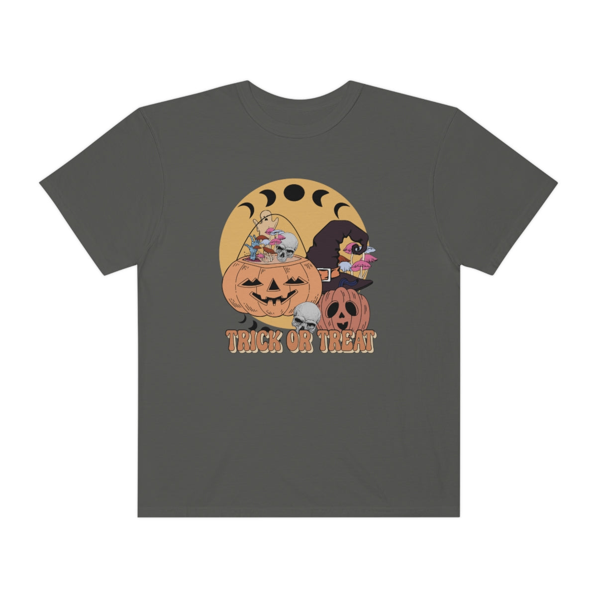 Trick or Treat Retro Vintage Style Halloween Teeshirt Design on Unisex Garment-Dyed T-shirt