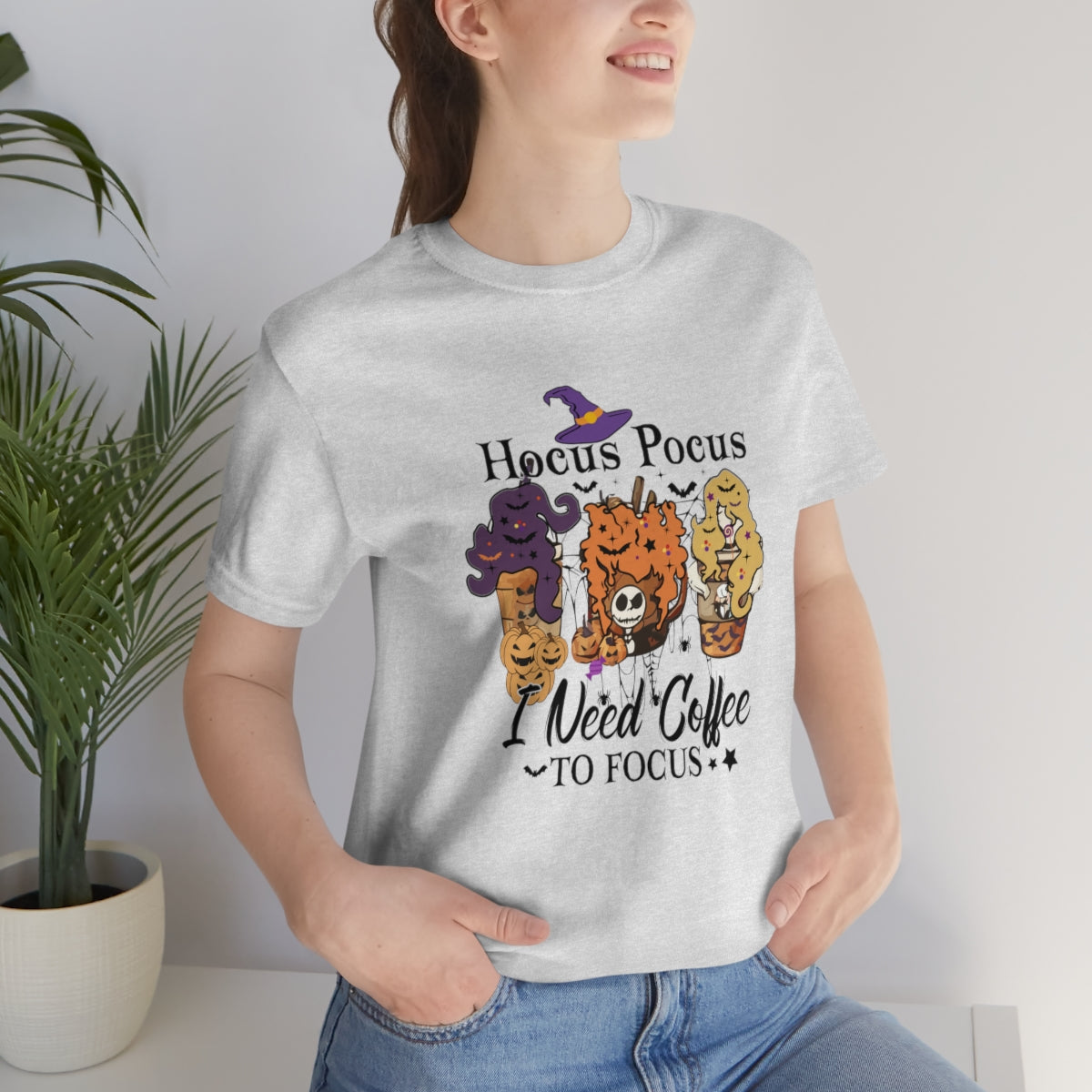 Hocus Pocus, I Need Coffee to Focus Halloween Tshirt, Funny Halloween T-Shirt Design on Unisex Jersey Short Sleeve Tee