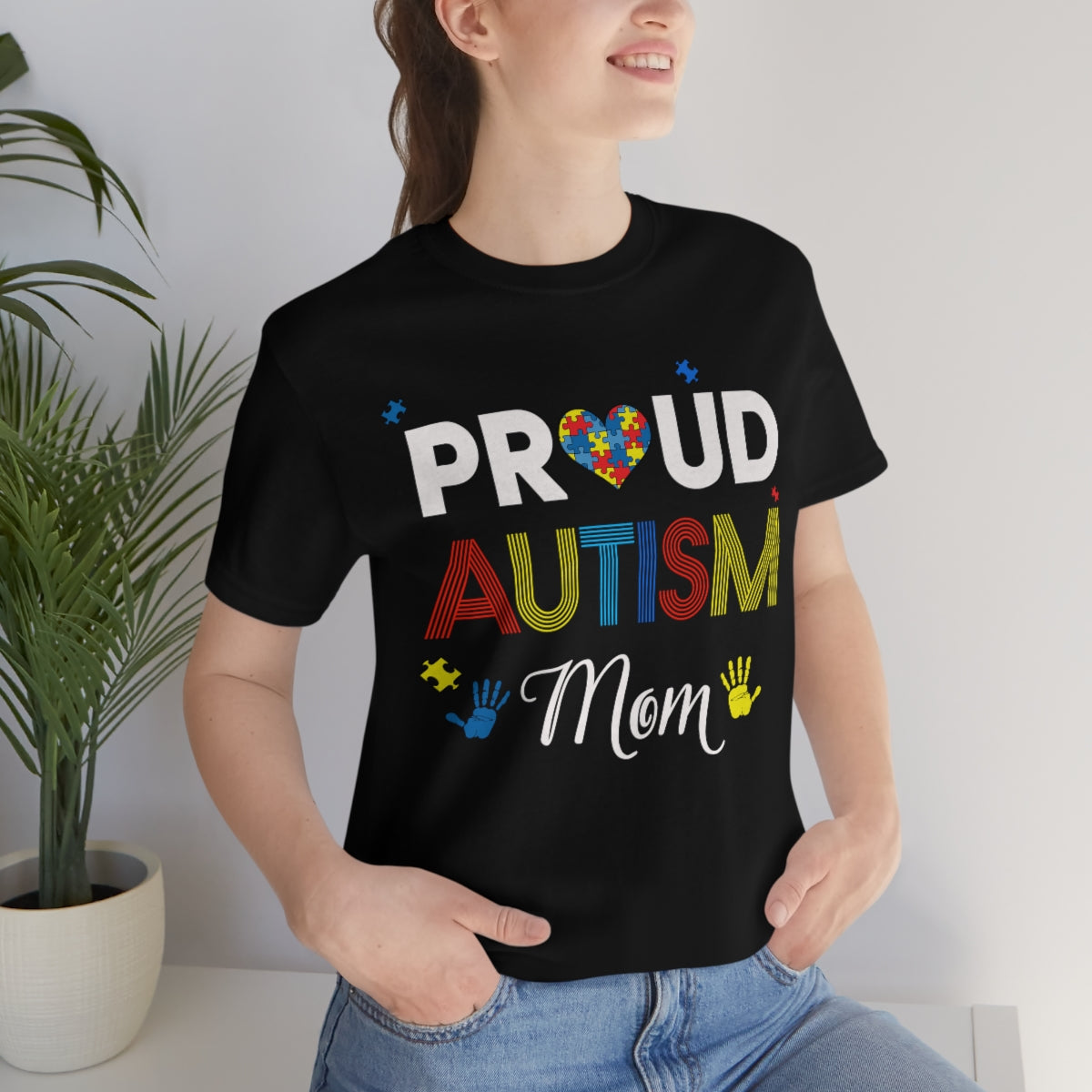 Proud Autism Mom with Handprints Puzzle Pieces Tshirt