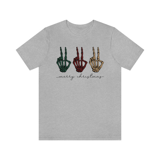 Three Peace Signs Skeleton Hands Spooky Merry Christmas Script Tshirt