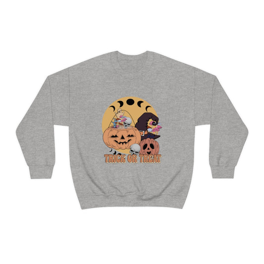 Trick or Treat Vintage Halloween Style Sweatshirt, Halloween Crewneck Sweatshirt, Halloween Sweater, Spooky Season, Fall Theme on Unisex Heavy Blend™ Crewneck Sweatshirt