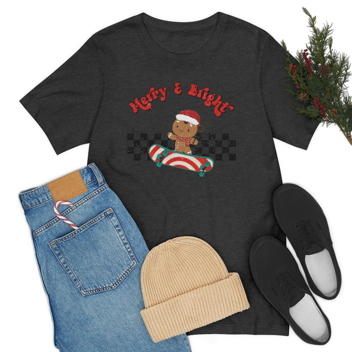 Merry & Bright Skating Gingerbread Christmas Tshirt