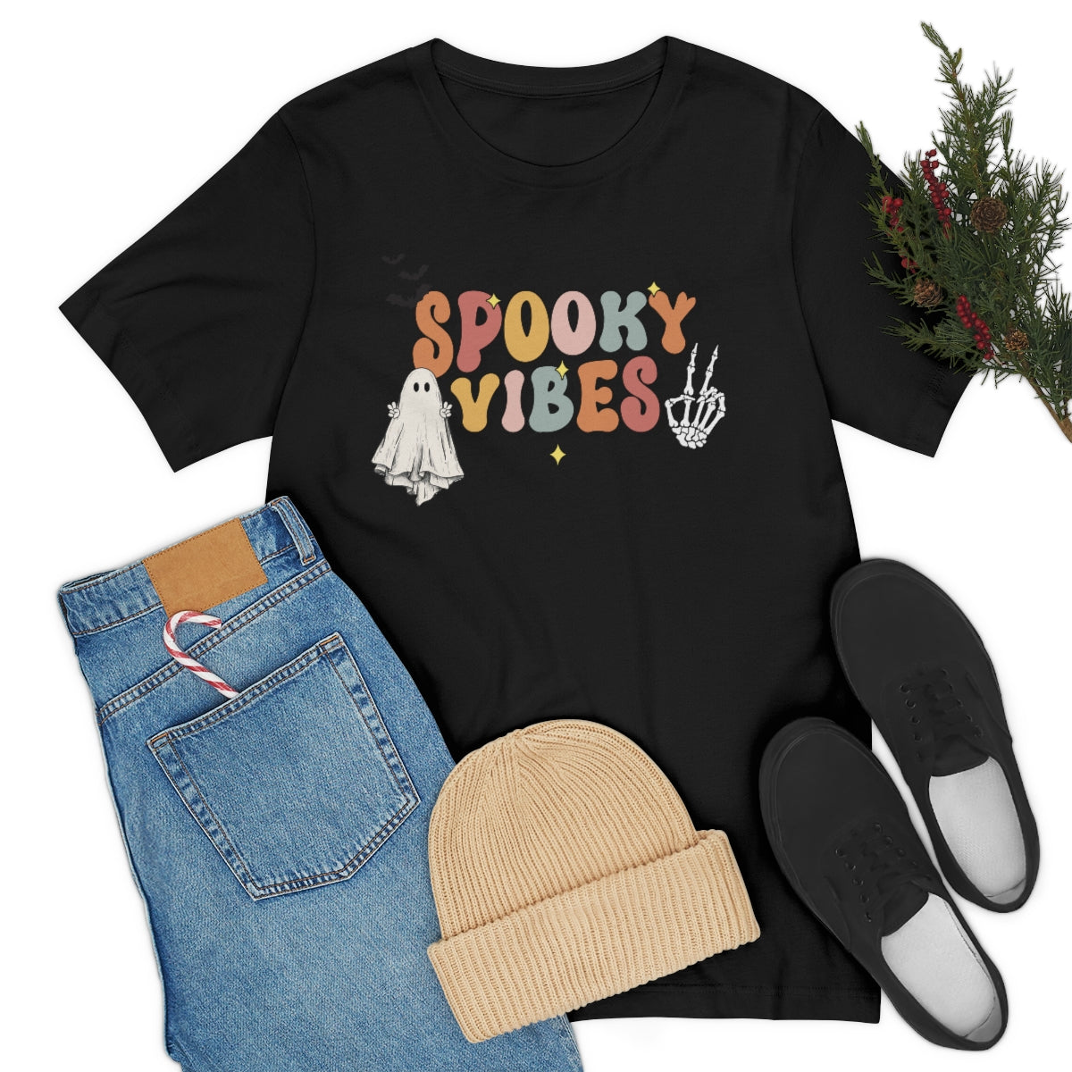 Spooky Vibes Retro Letters with Ghost TShirt, Funny Shirt, Halloween Lover Gift on Unisex Jersey Short Sleeve Tee