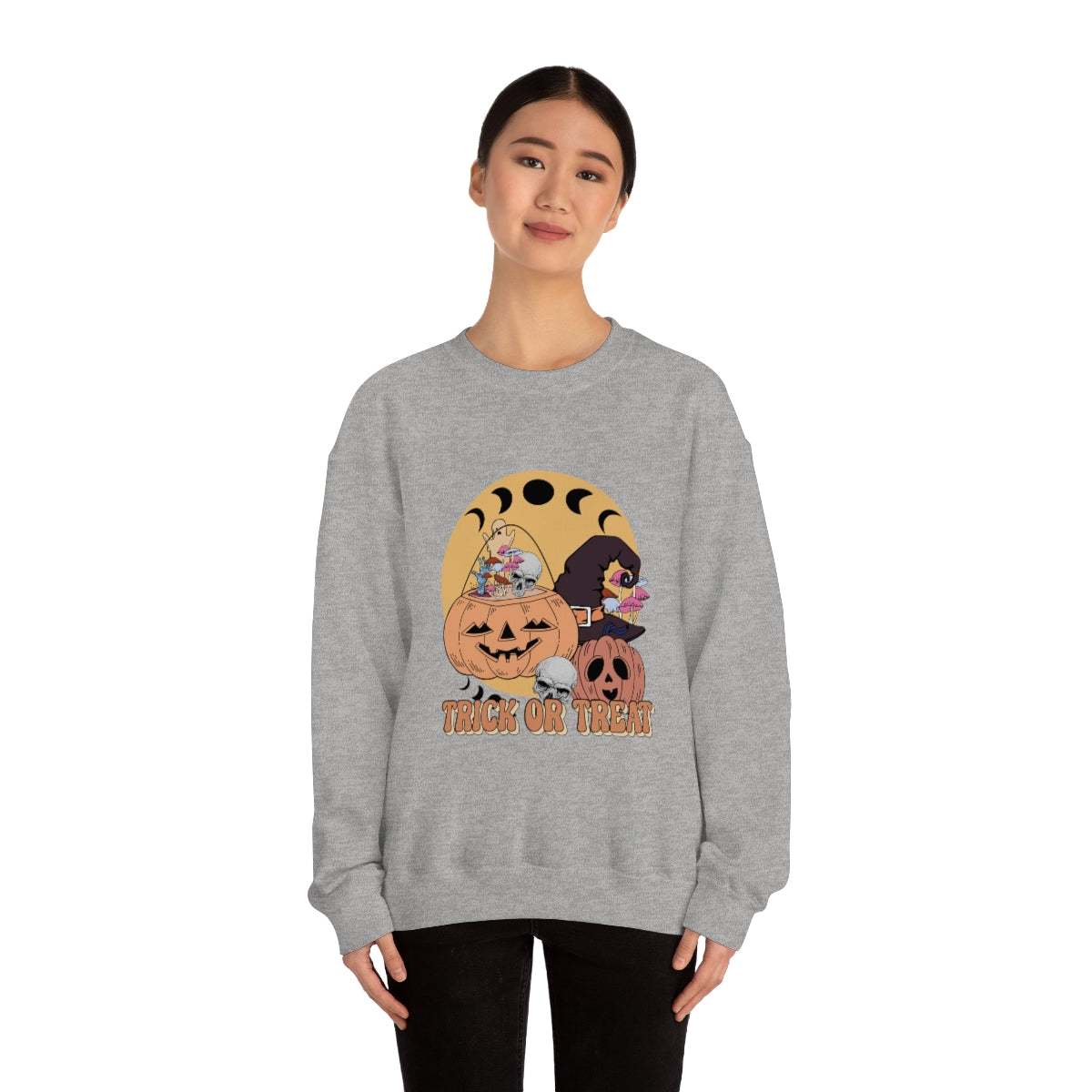 Trick or Treat Vintage Halloween Style Sweatshirt, Halloween Crewneck Sweatshirt, Halloween Sweater, Spooky Season, Fall Theme on Unisex Heavy Blend™ Crewneck Sweatshirt