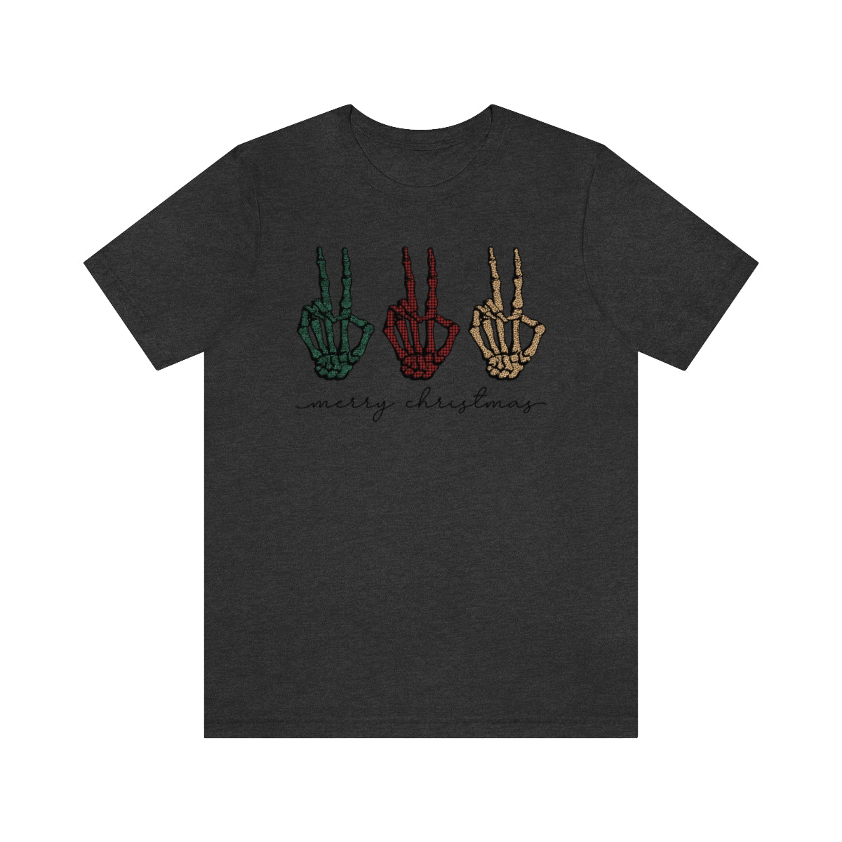 Three Peace Signs Skeleton Hands Spooky Merry Christmas Script Tshirt