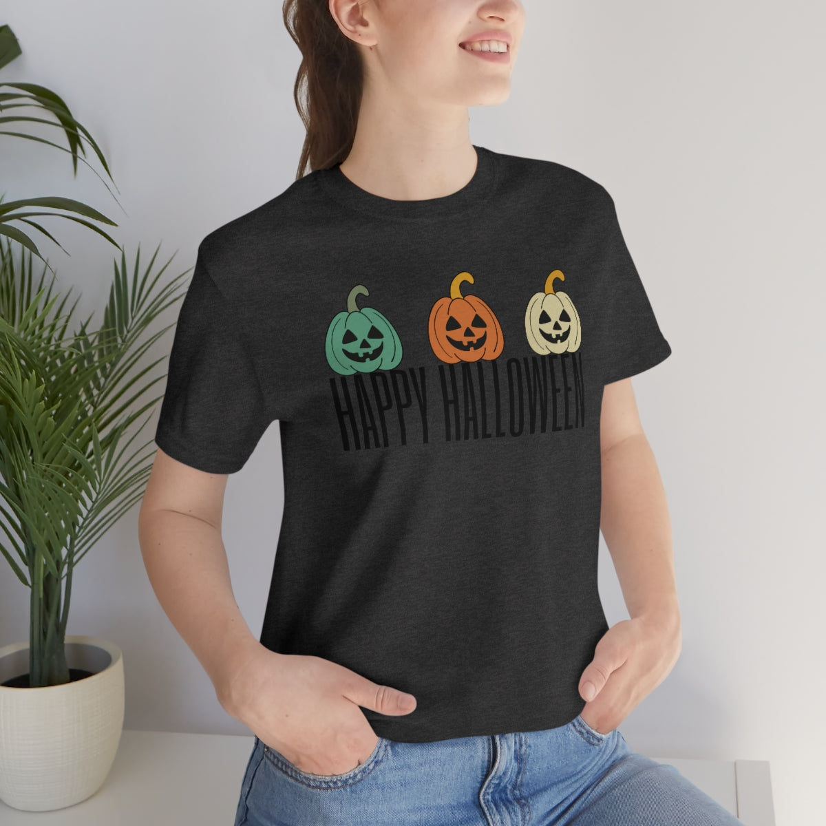 Three Pumpkins Retro Cute Happy Halloween TShirt Design on Unisex Jersey Short Sleeve Tee