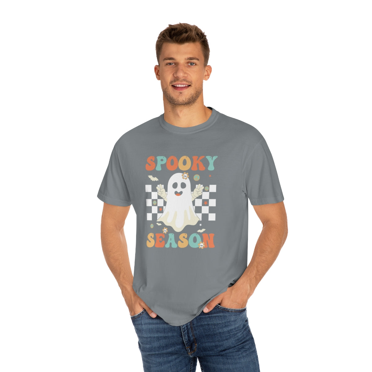 Spooky Season Halloween with Checkerboard Cute Retro Design, Halloween Tshirt, Funny Tshirt Design on Unisex Garment-Dyed T-shirt