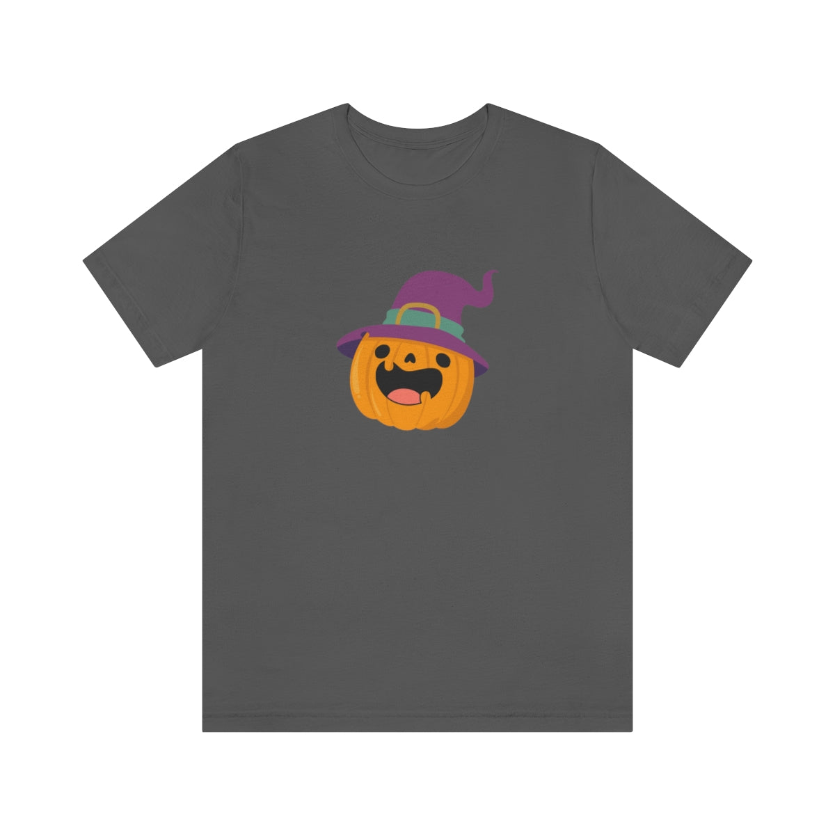 Pumpkin with Purple Hat Happy Halloween Tshirt, Funny Halloween T-Shirt Design on Unisex Jersey Short Sleeve Tee