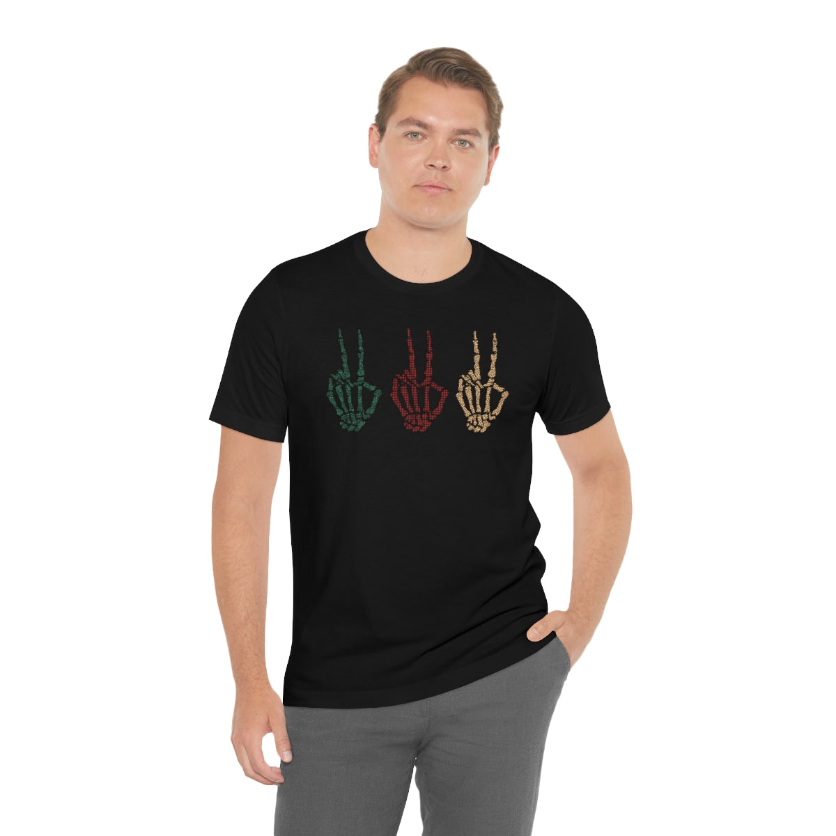 Three Peace Signs Skeleton Hands Spooky Merry Christmas Script Tshirt