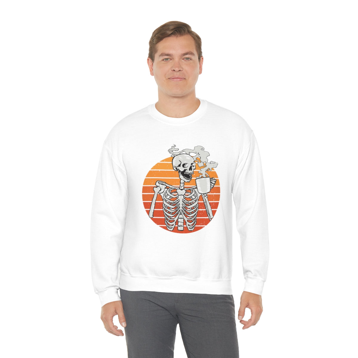 Skeleton Drinking Coffee Sweatshirt, Skeleton Sweater, Coffee Lover Sweatshirt, Halloween Crewneck Sweatshirt, Halloween Sweater, Spooky Season, Fall Shirts on Unisex Heavy Blend™ Crewneck Sweatshirt