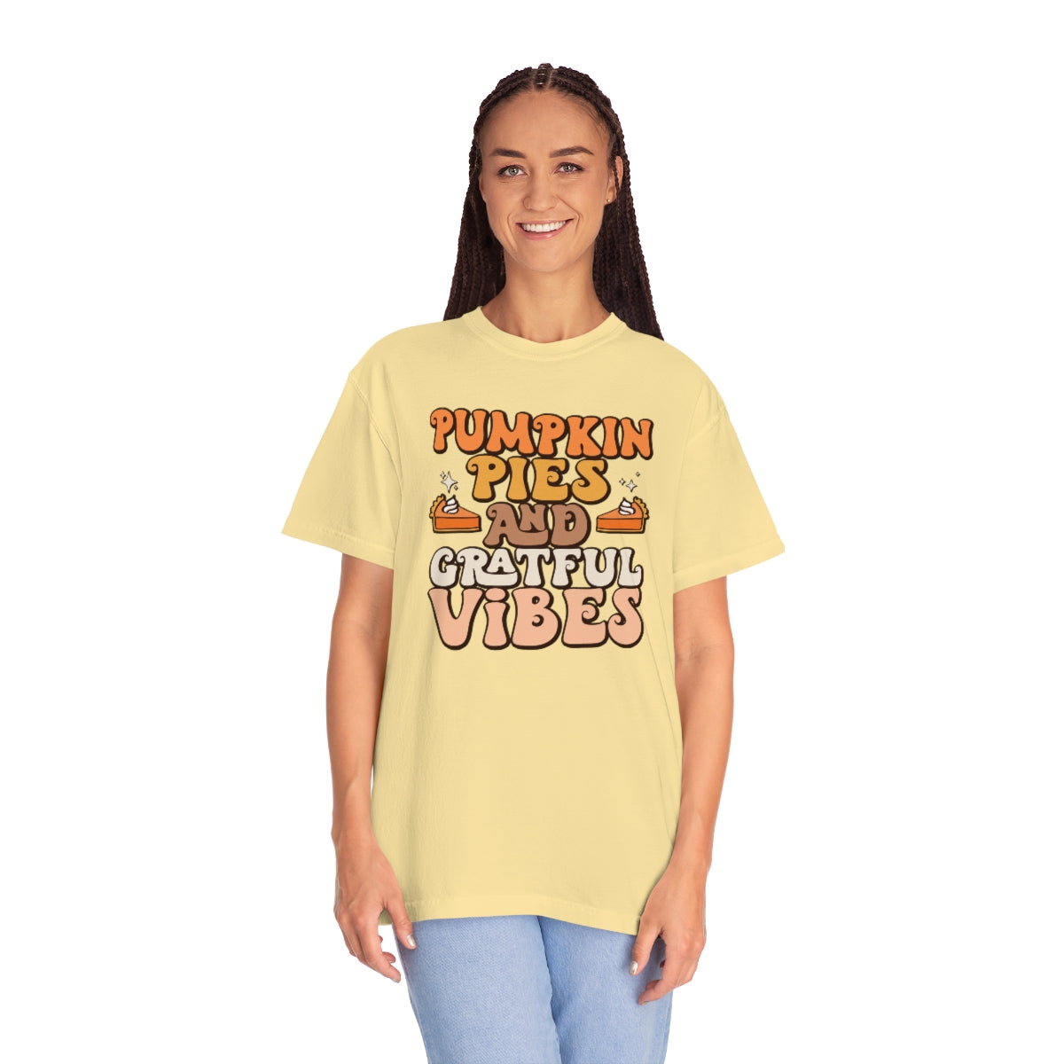 Pumpkin Pies & Grateful Vibes Thanksgiving TeeShirt Design | Thanksgiving T-Shirt | Retro Thanksgiving Shirt Design | Thanksgiving TShirt | Thanksgiving Lover Shirt | Funny Thanksgiving Tee Shirt Design on Unisex Garment-Dyed T-shirt