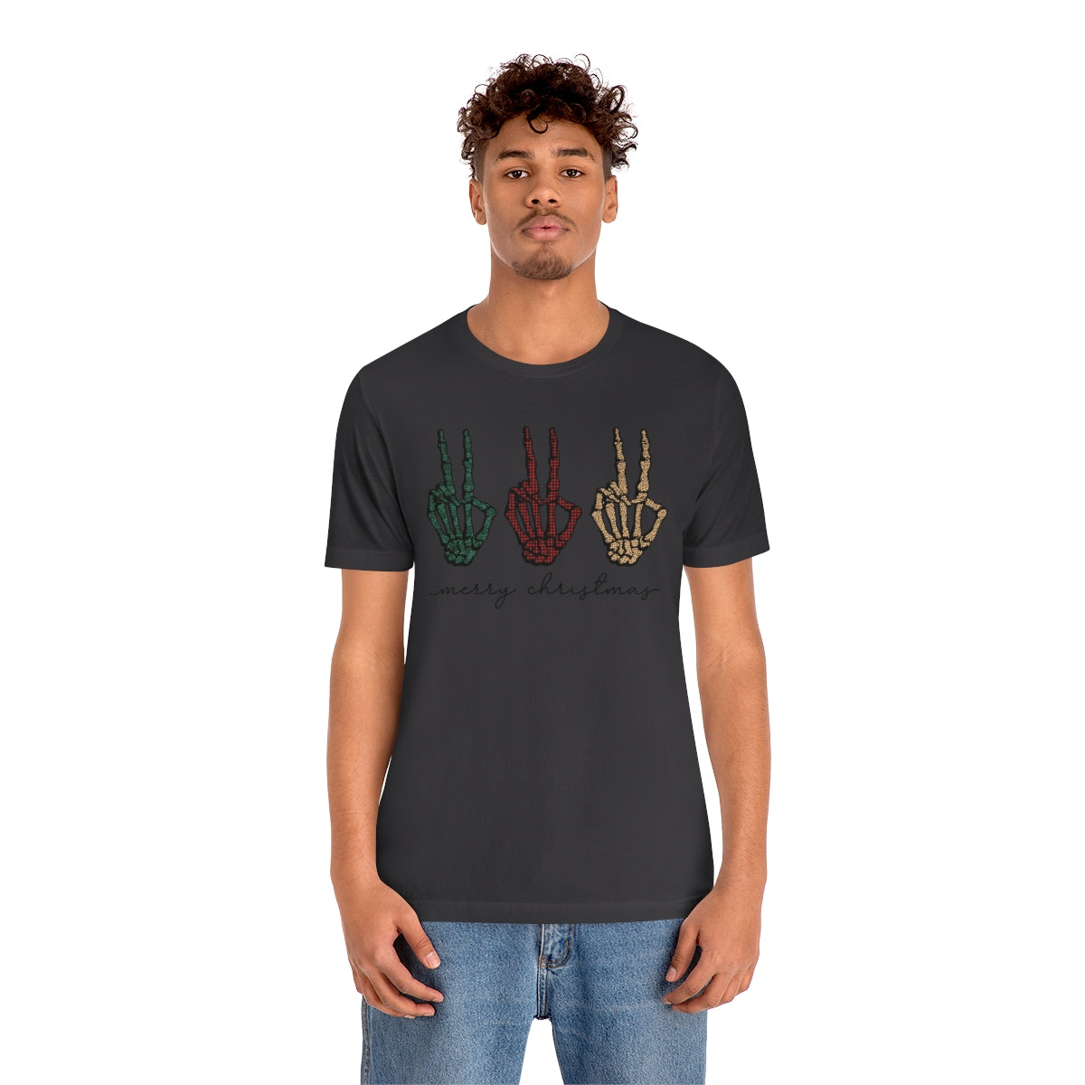 Three Peace Signs Skeleton Hands Spooky Merry Christmas Script Tshirt