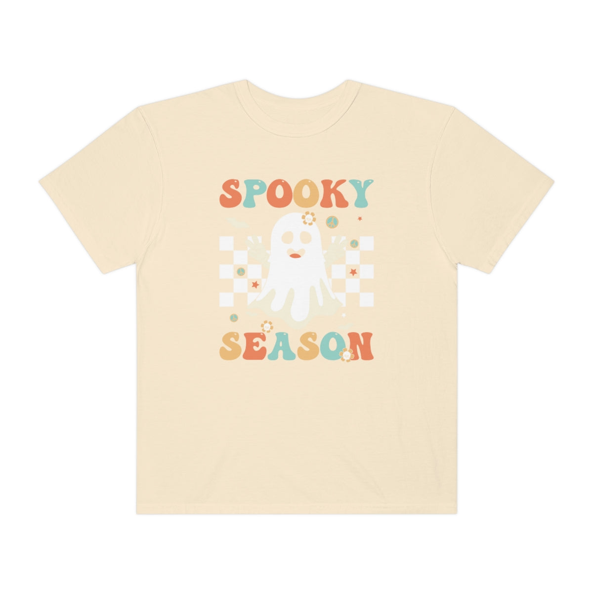 Spooky Season Halloween with Checkerboard Cute Retro Design, Halloween Tshirt, Funny Tshirt Design on Unisex Garment-Dyed T-shirt