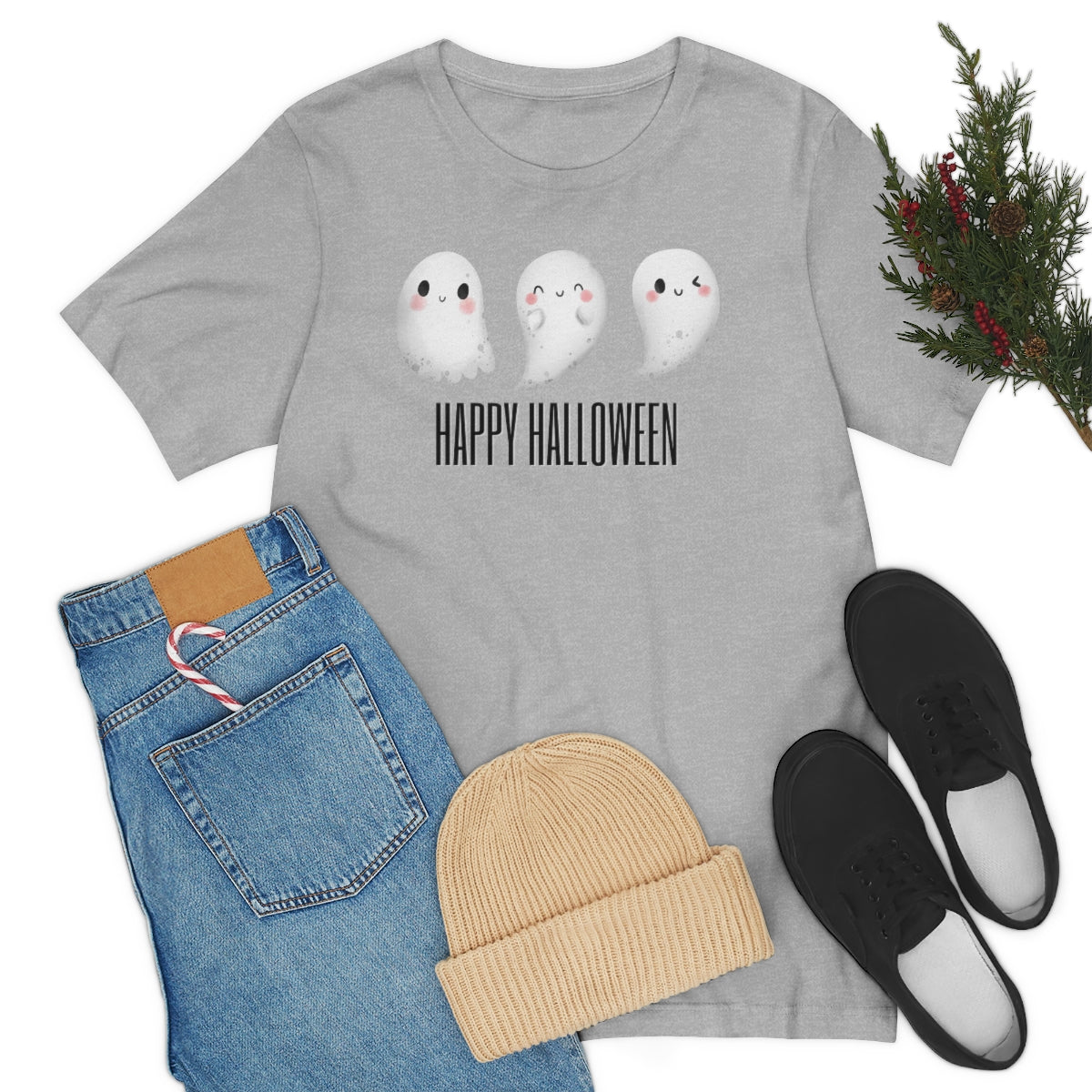 Three Ghosts Cute Happy Halloween Tshirt, Funny TShirt Design on Unisex Jersey Short Sleeve Tee