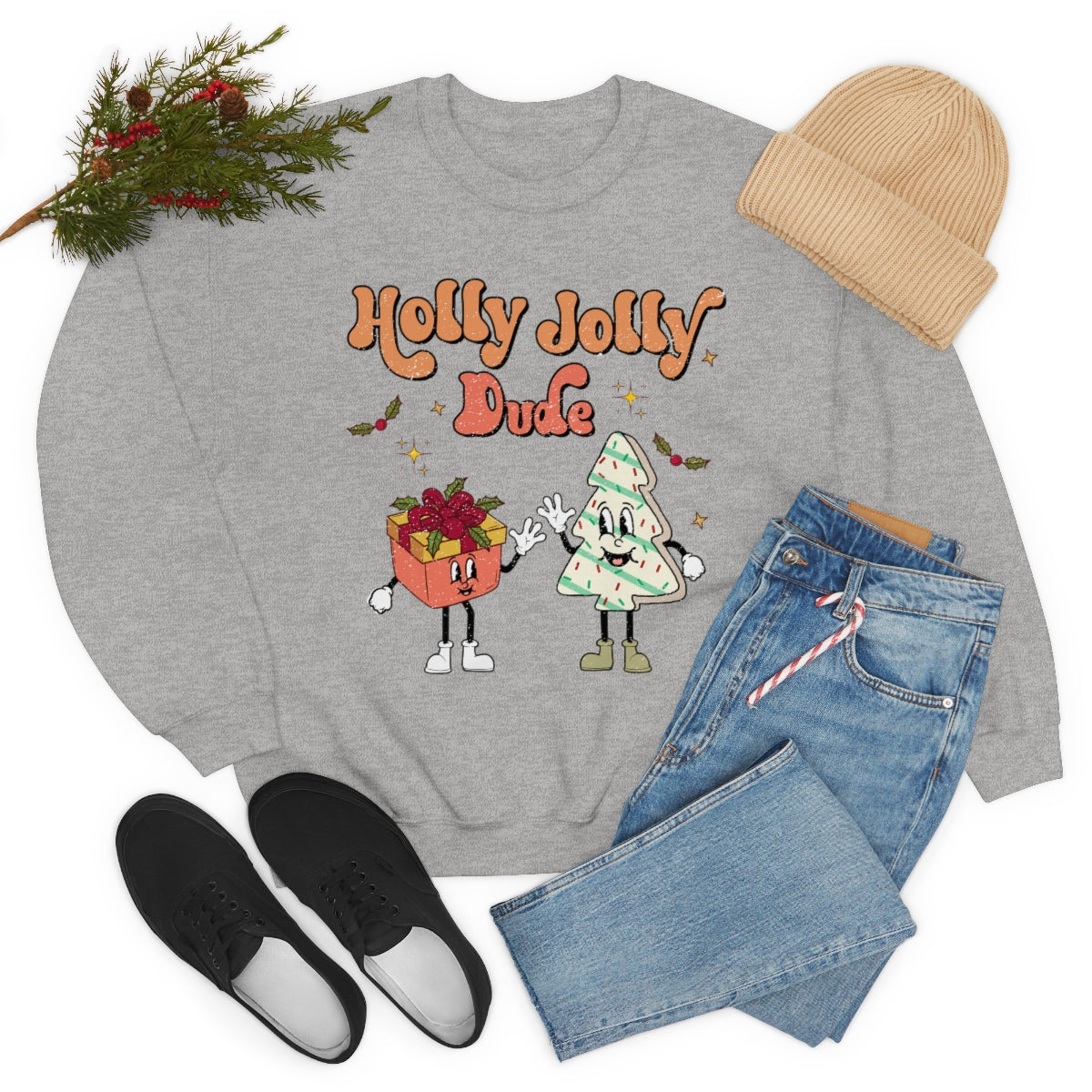 Holly Jolly Dude Groovy Retro Vintage Style Christmas Xmas Holiday Sweatshirt