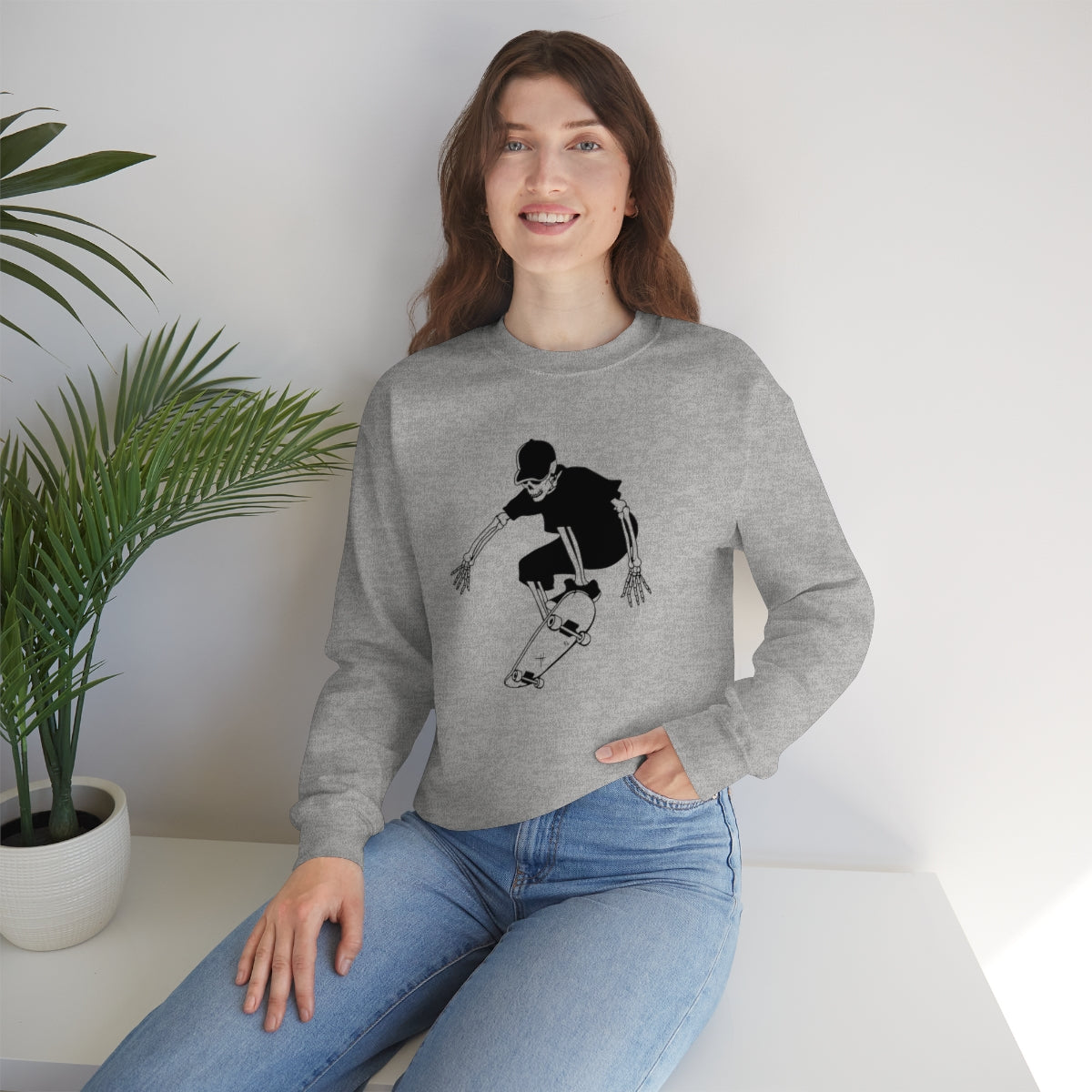 Skateboarding Skeleton Sweatshirt, Halloween Crewneck Sweatshirt, Halloween Sweater, Spooky Season, Fall Theme on Unisex Heavy Blend™ Crewneck Sweatshirt