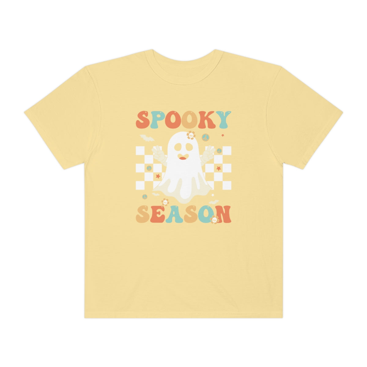 Spooky Season Halloween with Checkerboard Cute Retro Design, Halloween Tshirt, Funny Tshirt Design on Unisex Garment-Dyed T-shirt