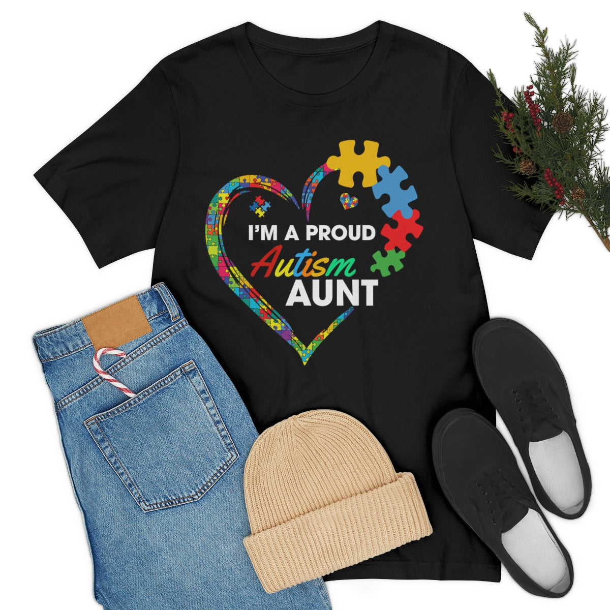 Proud Autism Aunt Heart Puzzle Pieces Tshirt