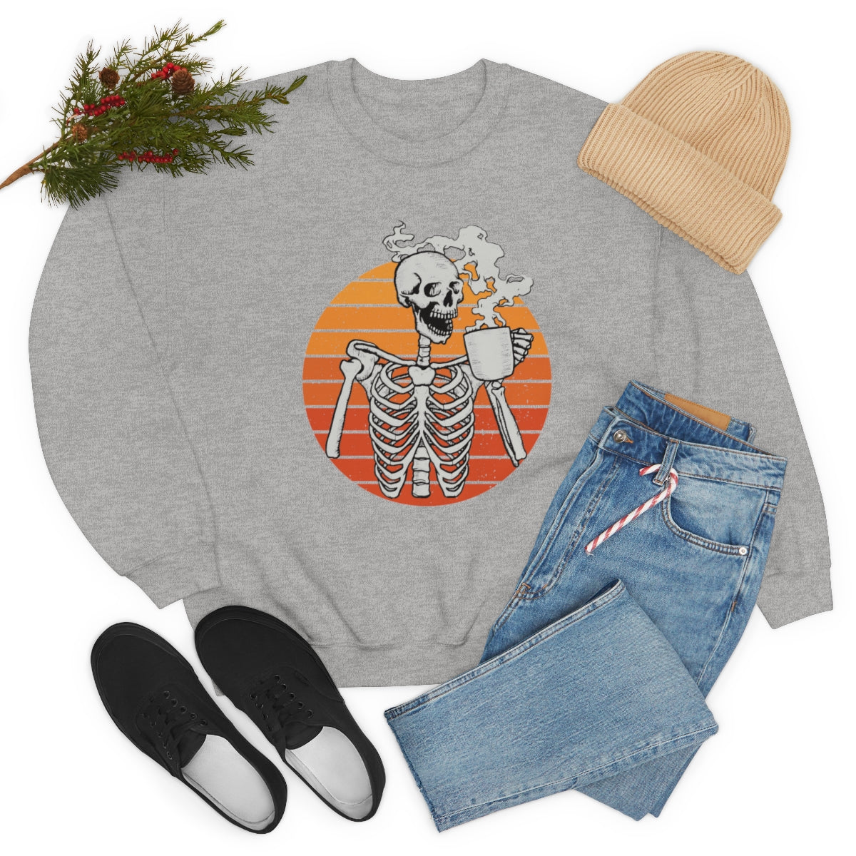 Skeleton Drinking Coffee Sweatshirt, Skeleton Sweater, Coffee Lover Sweatshirt, Halloween Crewneck Sweatshirt, Halloween Sweater, Spooky Season, Fall Shirts on Unisex Heavy Blend™ Crewneck Sweatshirt