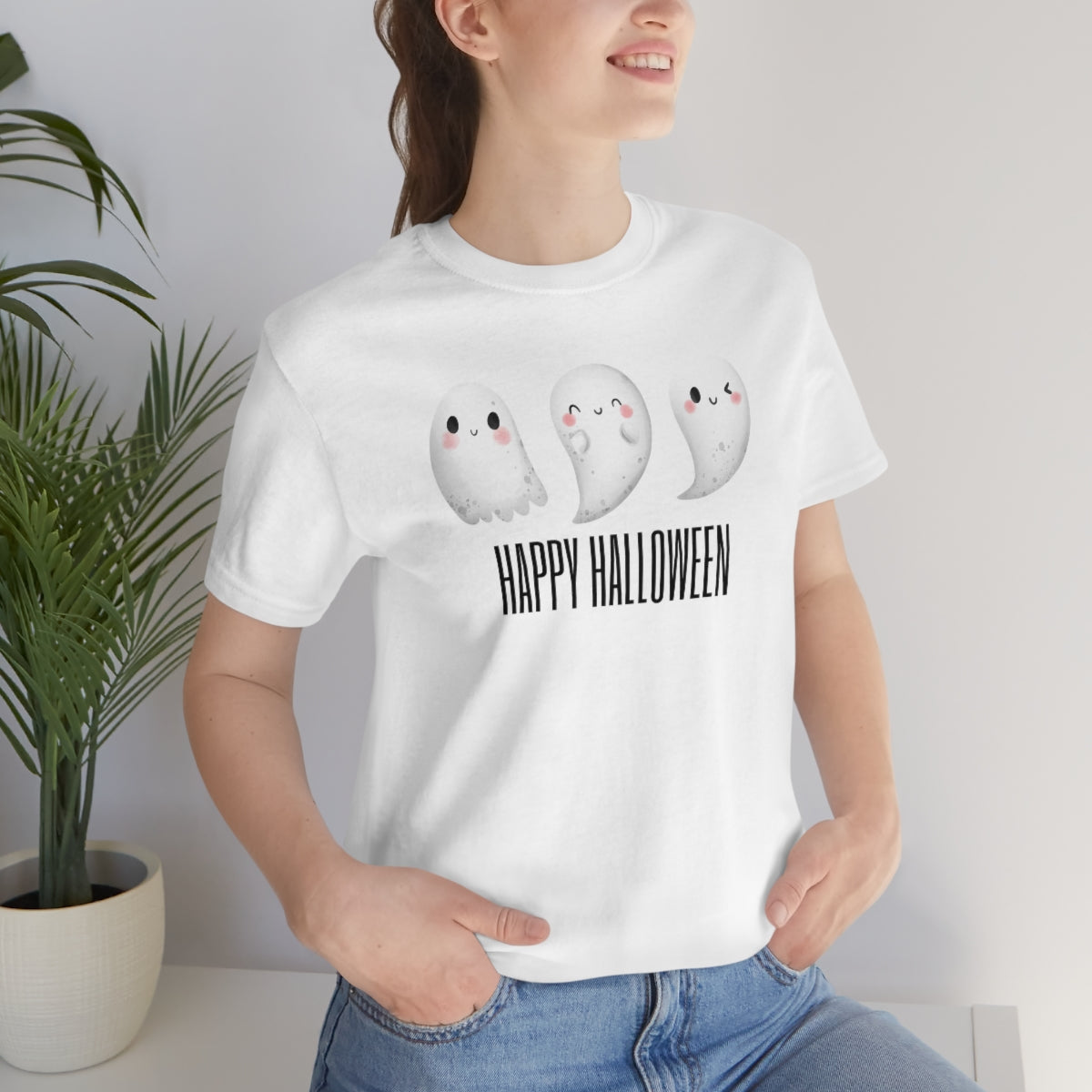 Three Ghosts Cute Happy Halloween Tshirt, Funny TShirt Design on Unisex Jersey Short Sleeve Tee