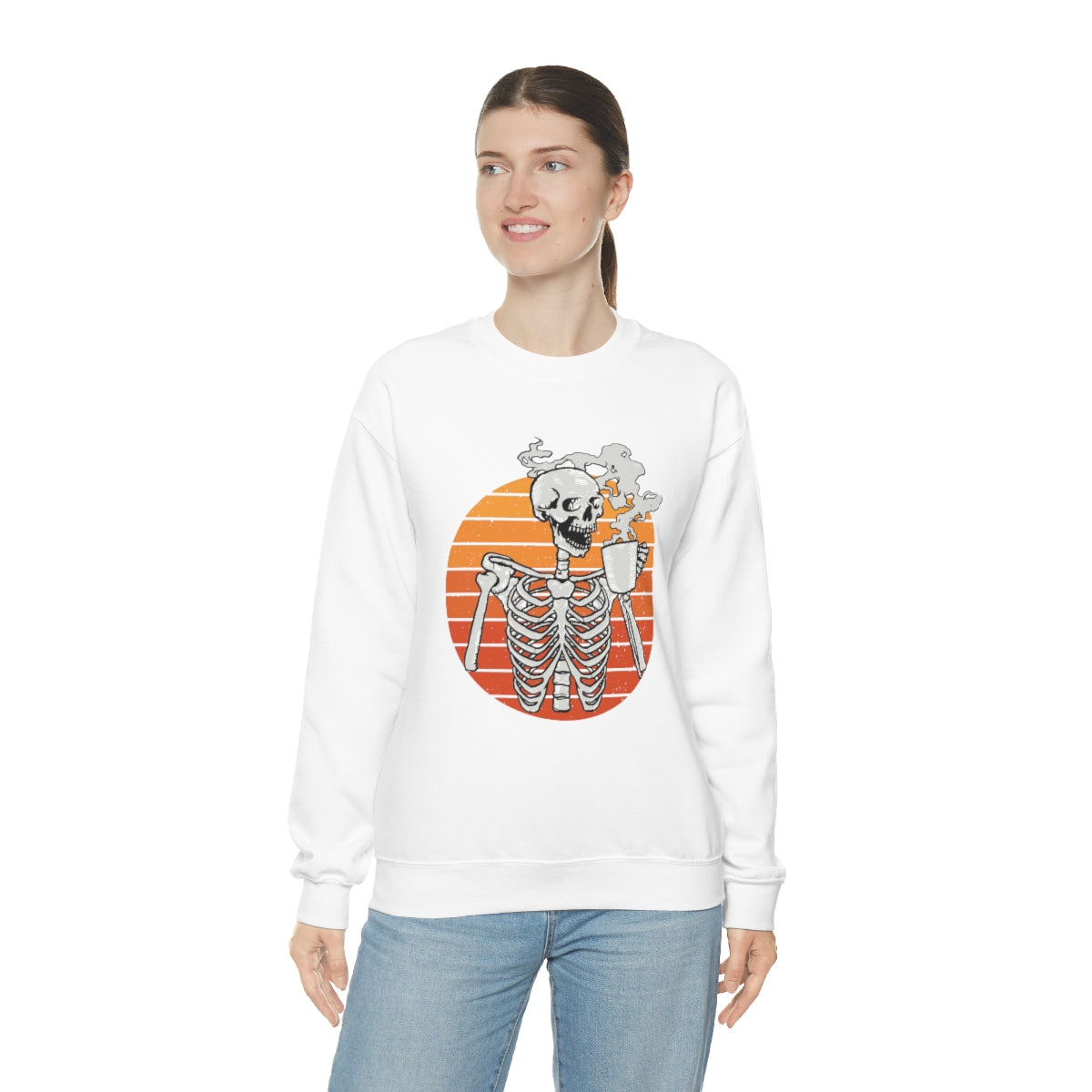 Skeleton Drinking Coffee Sweatshirt, Skeleton Sweater, Coffee Lover Sweatshirt, Halloween Crewneck Sweatshirt, Halloween Sweater, Spooky Season, Fall Shirts on Unisex Heavy Blend™ Crewneck Sweatshirt