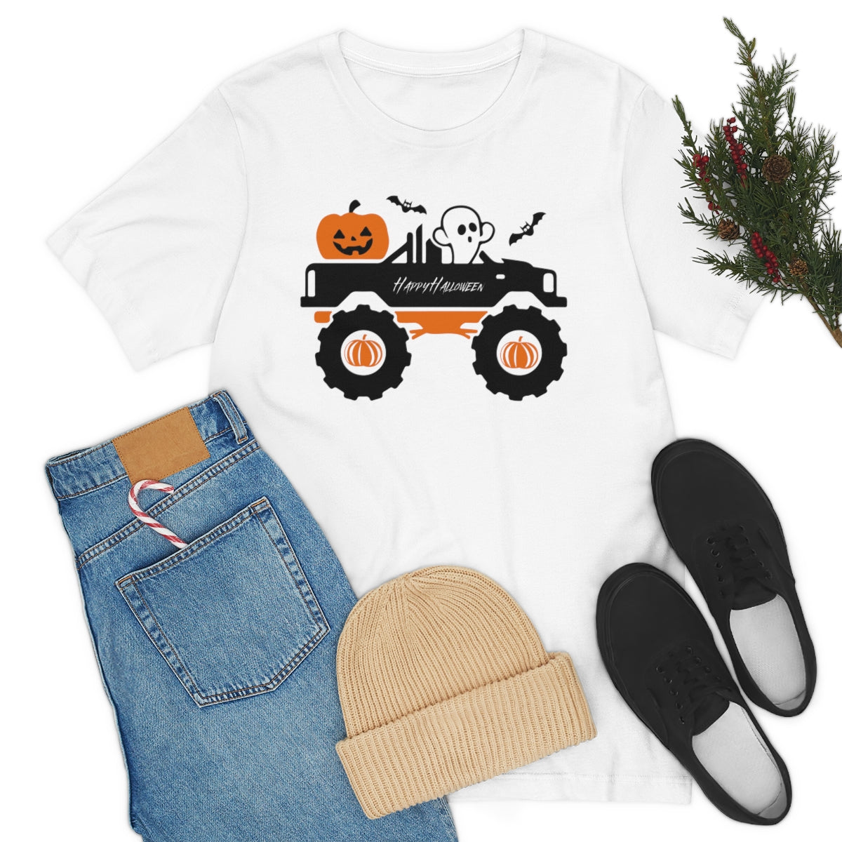 Big Rig Ghost Happy Halloween, Pumpkin Tshirt, Funny TShirt Design on Unisex Jersey Short Sleeve Tee